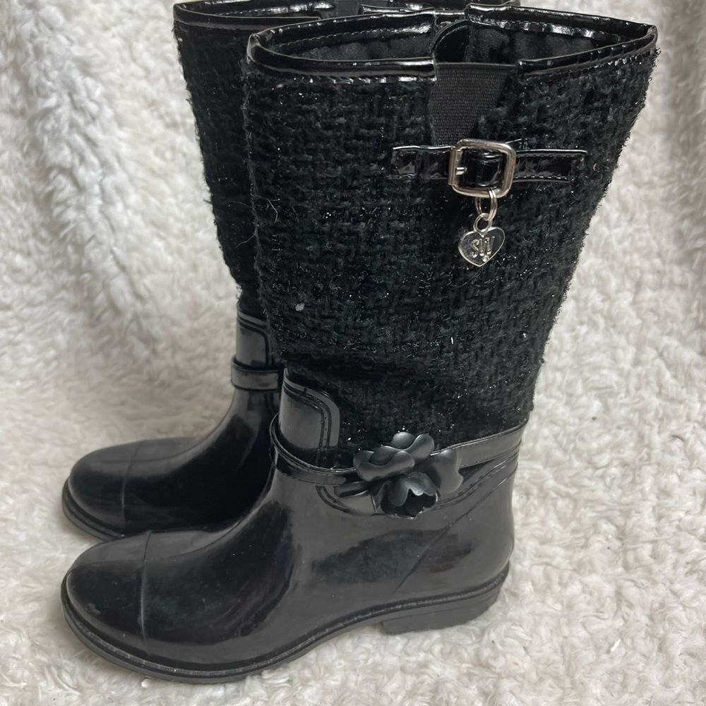 Stuart Weitzman girl Waltz Black mid calf  rain boots glitter accent size 3